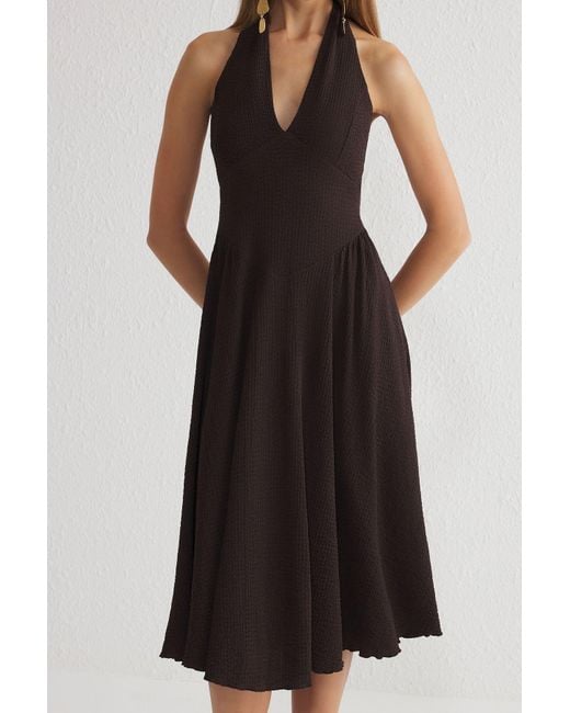 Trendyol Black Braunes, Gestricktes, Schickes Kleid Mit V-Ausschnitt Und Gewebten Details