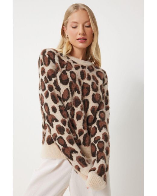 Happiness İstanbul Natural Brauner Strickpullover Mit Leopardenmuster – Bärtiges Kurzes Modell Für Damen