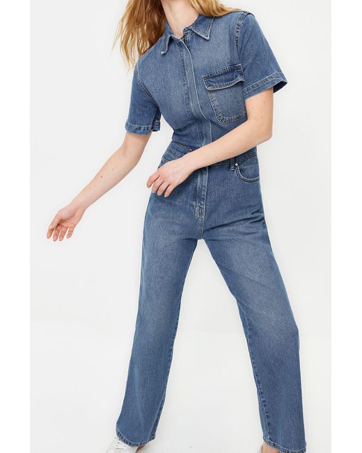 Trendyol Blue Blauer Kurzarm-Jeansoverall Für Damen