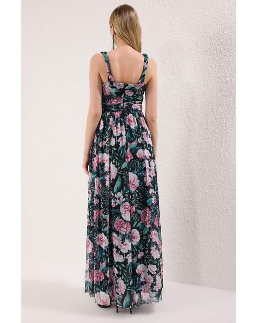 Trendyol Blue Mehrfarbiges A-Linien-Flieger-Flieger-Tüll-Strick-Lang-Stilvolles Abendkleid Für Den Abend, Mezuiyet-Kleid Für Damen