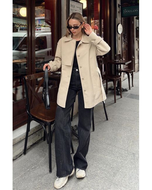 Olcay Black Gefütterter Kurzer Trenchcoat Mit Umhang Und Gürtel-Detail Bej Für Damen