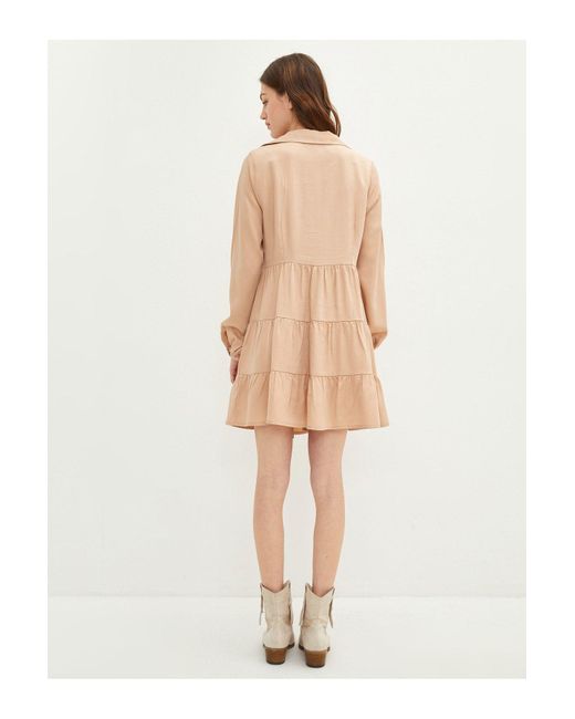 LC Waikiki White Einfarbiges, Langärmliges Gabardine-Kleid Mit Hemdkragen Für Damen