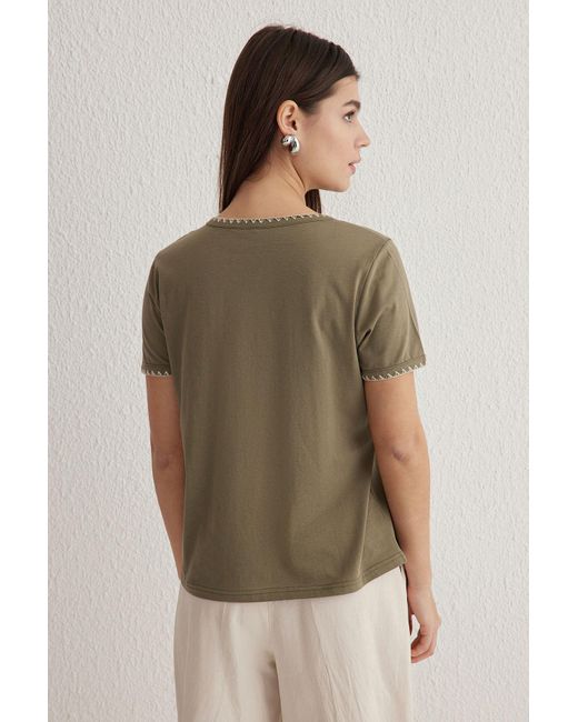 Trendyol Brown Khakifarbenes Basic-Strick-T-Shirt Mit Rundhalsausschnitt – 100 Baumwolle, Kontrastierende Nähten Für Damen