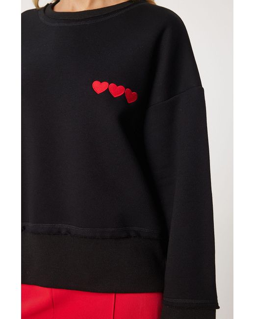 Happiness İstanbul Black Schwarzes Sweatshirt Mit Herz-Stickerei – Raster Für Damen