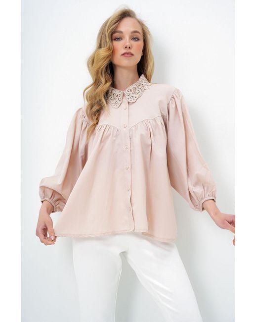 Trend Alaçatı Stili Pink Beigefarbenes Popeline-Hemd Mit Spitzenkragen Und Ballonärmeln Für Damen