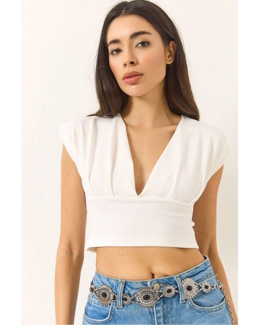 Bianco Lucci White Leichte, Tief Ausgeschnittene Crop-Bluse Für Damen