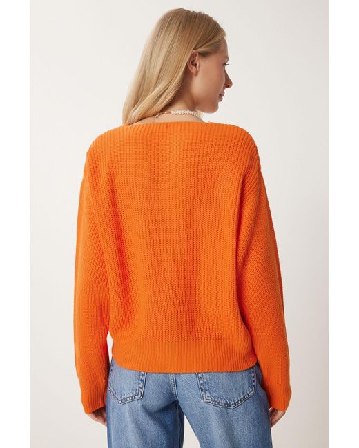 Happiness İstanbul Orangefarbene Strickjacke Mit V-Ausschnitt Und Knöpfen Für Damen