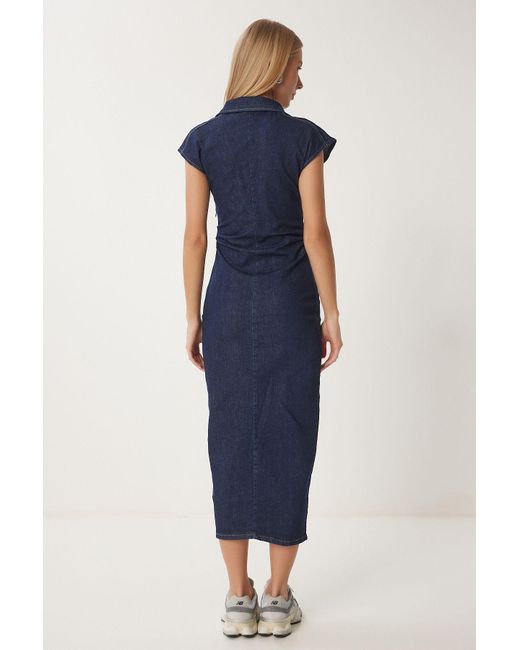 Happiness İstanbul Blue Dunkelblaues, Gerafftes, Detailliertes Jeanskleid Für Damen