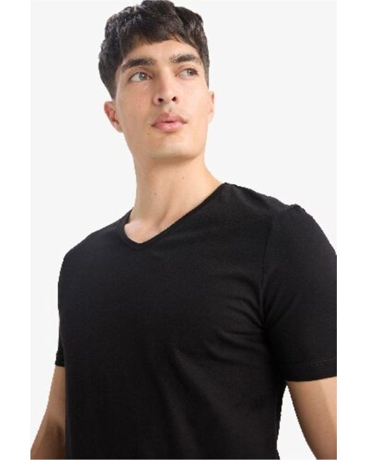 Defacto 100 Baumwolle Slim Fit Slim Fit V-Ausschnitt Basic Solid Kurzarm Schwarzes T-Shirt M7668Az25Sp Für Herren in Black für Herren
