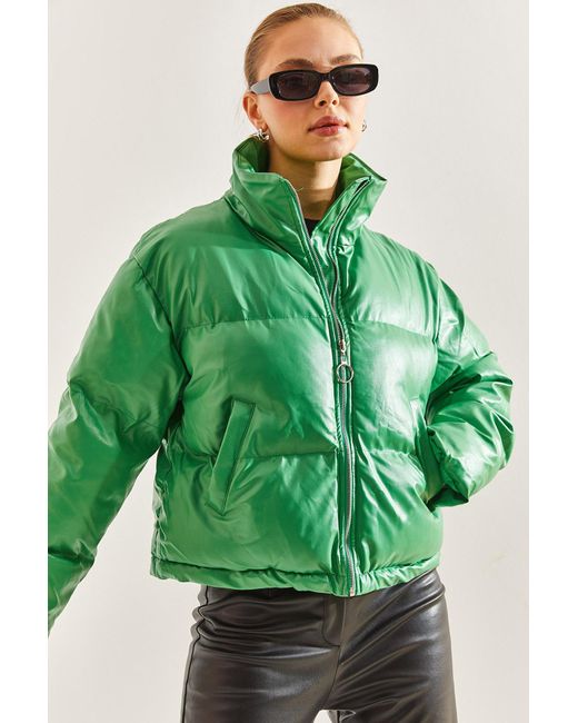 Bianco Lucci Green Puffermantel Aus Leder Mit Judge-Kragen Für Damen