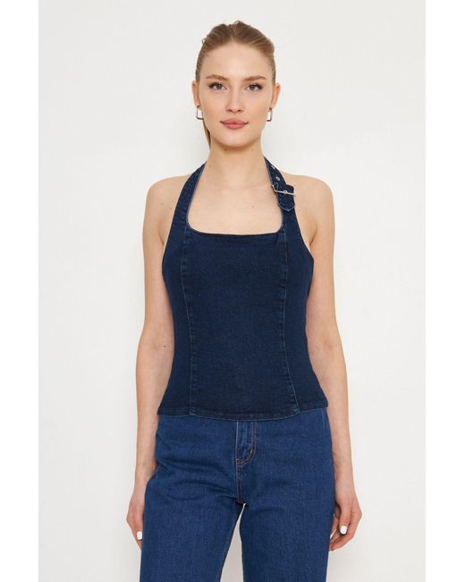 Trendyol Blue Dunkelblaue Jeansbluse Mit Gürtelschnalle Und Neckholder-Ausschnitt Für Damen