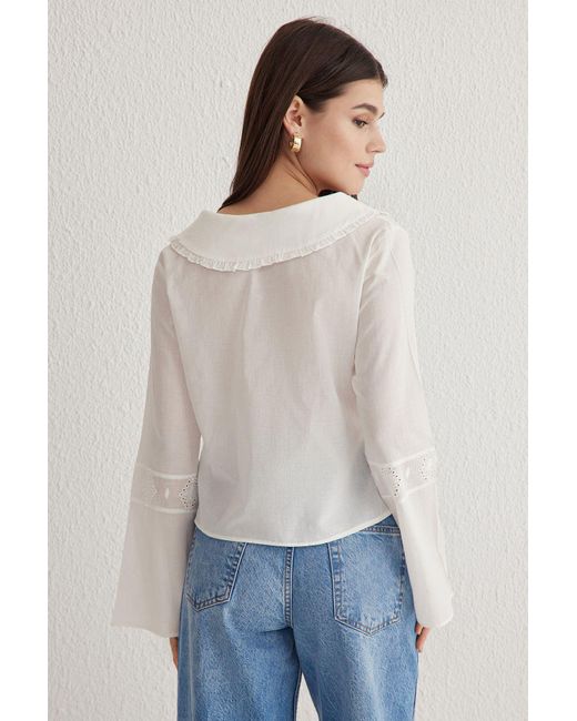 Trendyol Blue Weißes Bebe-Hemd Mit Kragen Und Schnürung Vorne Für Damen