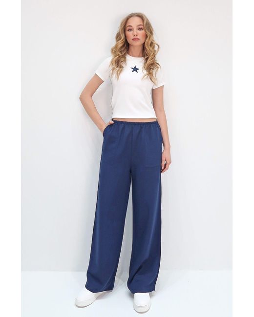 Trend Alaçatı Stili Blue Marineblaue Hose Aus Leinen Mit Weitem Bein Und Doppelter Tasche Und Elastischem Bund Für Damen