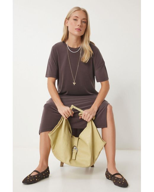 Happiness İstanbul Brown Dunkelbraunes, Übergroßes Basic-Sommer-Strickkleid Für Damen