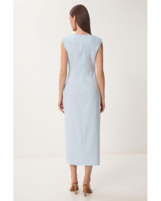 Happiness İstanbul White Himmelblaues, Wattiertes, Drapiertes Midi-Webkleid Für Damen