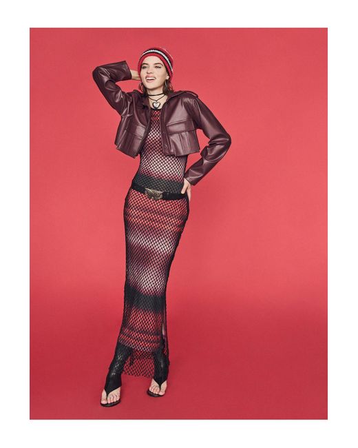 Koton Pink Mesh-Maxi-Bleistiftkleid Mit Farbverlauf, Langen Ärmeln Und Rundhalsausschnitt Für Damen