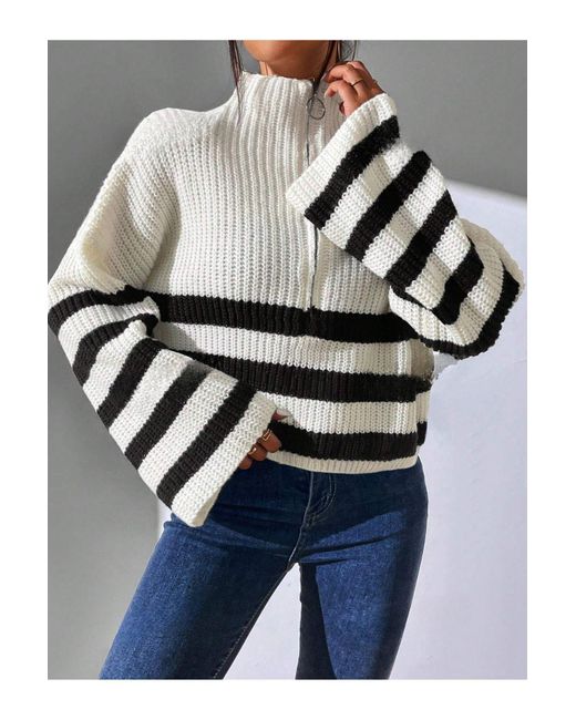 Know Blue Schwarz Gestreifter Weißer Strickpullover – Halber Reißverschluss, Schulterfrei Für Damen