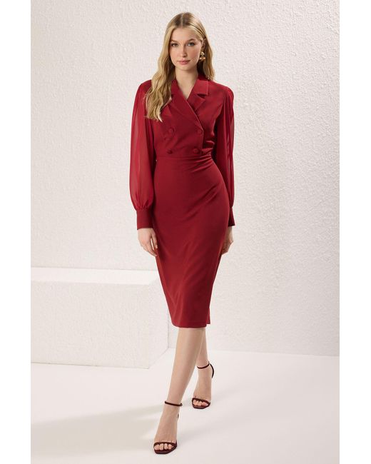 Trendyol Red Burgunderrotes Gewebtes Midikleid – Chiffon-Ärmeldetail, Körperbetont Twoaw25El00137 Für Damen