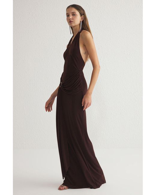 Trendyol Brown Braunes, Detailliertes, Gestricktes, Langes, Stilvolles Abendkleid Für Die Nacht, Abschlusskleid Für Damen