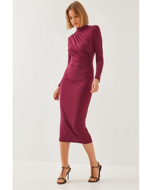 Bianco Lucci Red Langes, Gerafftes Kleid 377 Für Damen
