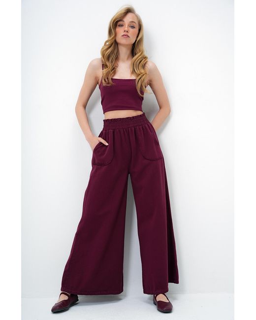 Trend Alaçatı Stili Purple Burgunderrote Gabardine-Hose Mit Taillenband Und Doppelter Tasche Und Weitem Bein Für Damen