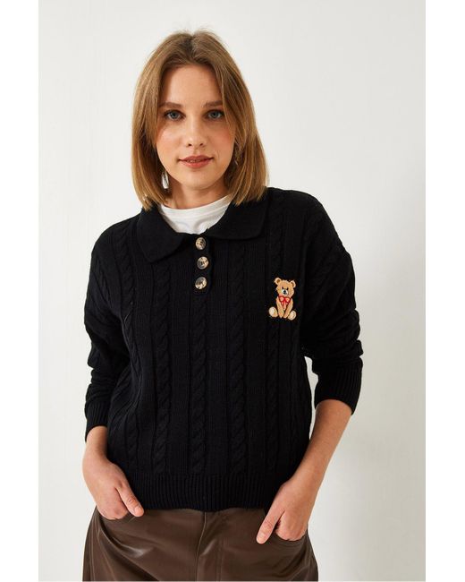 Bianco Lucci Black Strickpullover Mit Teddybär-Stickerei Und Knöpfen Für Damen