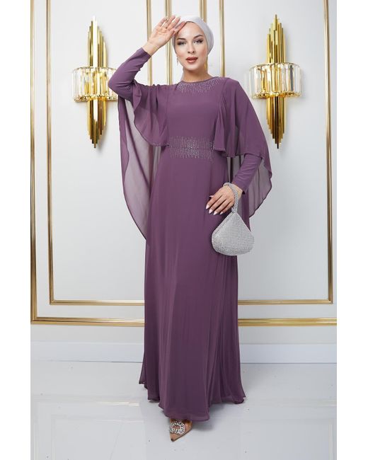 Olcay Purple Chiffon-hijab-abendkleid mit stein- und umhangdetails