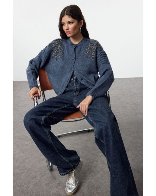 Trendyol Blue Weicher, Strukturierter, Übergroßer Strick-Cardigan Mit-Glitzer-Stickerei – Für Damen