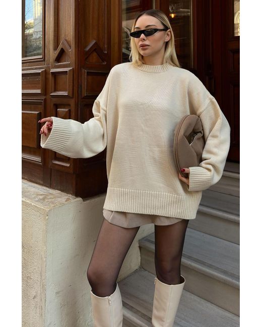Swist Natural Beigefarbener Biscuit-Strickpullover Mit Rundhalsausschnitt Für Damen