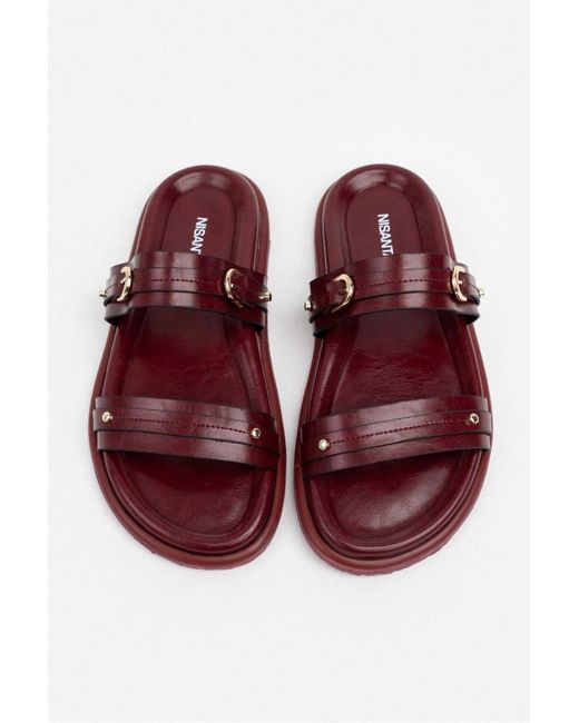 NİŞANTAŞI SHOES Multicolor Zizi Burgundy Matte Schnalle Detaillierte Doppel Band Flache Sohle Hausschuhe Für Damen