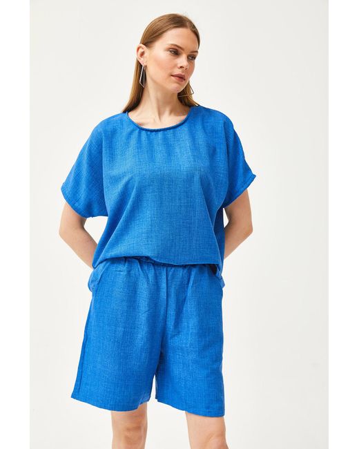 Olalook Blue Saks blaues top lockere bluse shorts mit untertasche leineninhalt set
