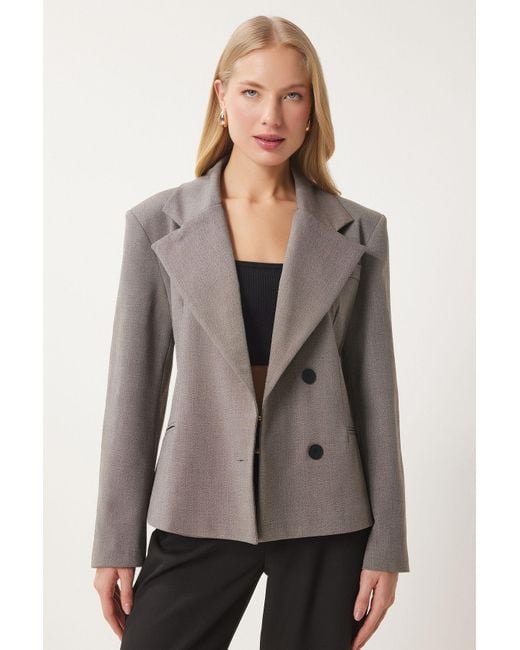 Happiness İstanbul Gray Graue Jacke Mit Zweireihigem Kragen Fn03410 Für Damen