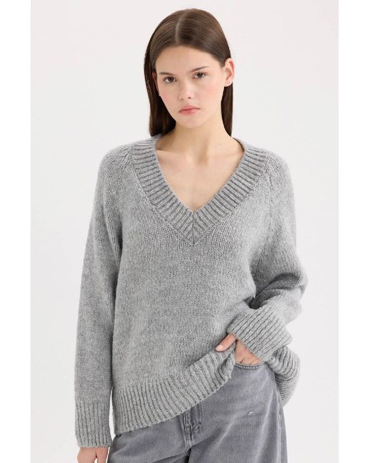 Defacto Gray Übergroßer Strickpullover Mit Breiter Passform Und V-Ausschnitt Für Damen