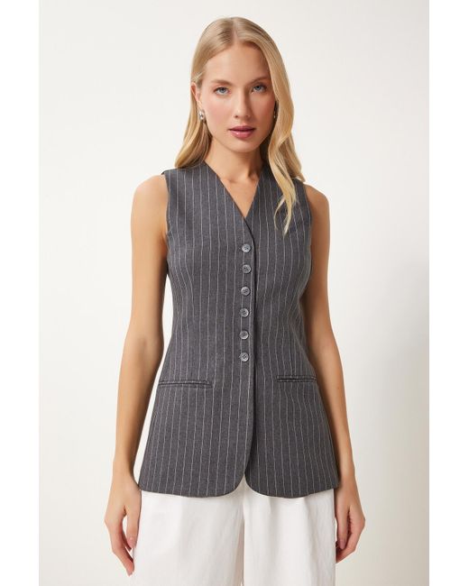 Happiness İstanbul Gray Anthrazitfarbene, Detaillierte, Gestreifte, Gewebte Fleto-Weste Für Damen