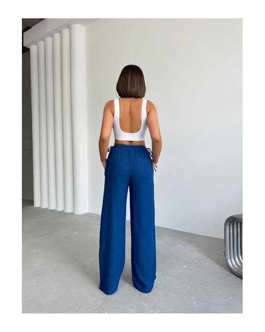 BEJNA Blue Marineblaue Leinenhose Mit Seitlicher Bindung Für Damen