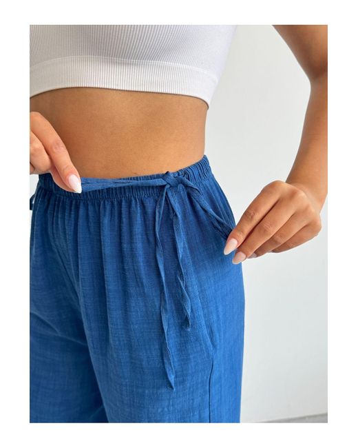 BEJNA Blue Marineblaue Leinenhose Mit Seitlicher Bindung Für Damen