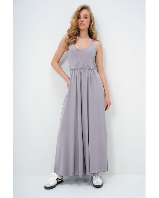 Trend Alaçatı Stili Purple Grauer Overall Aus Modalstoff Mit Verstellbaren Trägern Und Weitem Bein Für Damen