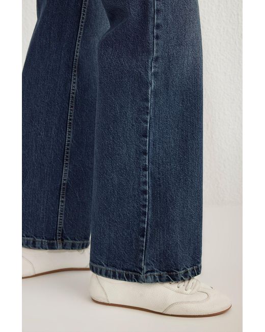 Trendyol Blue Dunkelblaue Premium-Jeans Mit Hoher Taille Und Weitem Bein Für Damen