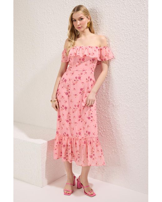Trendyol Pink Rock Mit Blumenmuster, Gewelltes Midi-Kleid Mit Gewellter Taille Und Gewellter Taille Für Damen