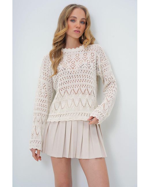Trend Alaçatı Stili Natural Sommer-Strickbluse Mit Vanilleloch Und Durchbrochenem Motiv Für Damen