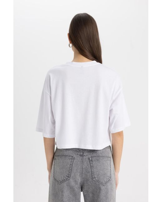 Defacto White Bedrucktes oversize-t-shirt mit rundhalsausschnitt c7714ax24sm