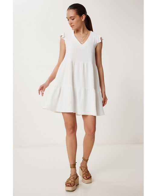 Happiness İstanbul White Ecrufarbenes, Ausgestelltes, Strukturiertes Mini-Strickkleid Mit V-Ausschnitt Für Damen