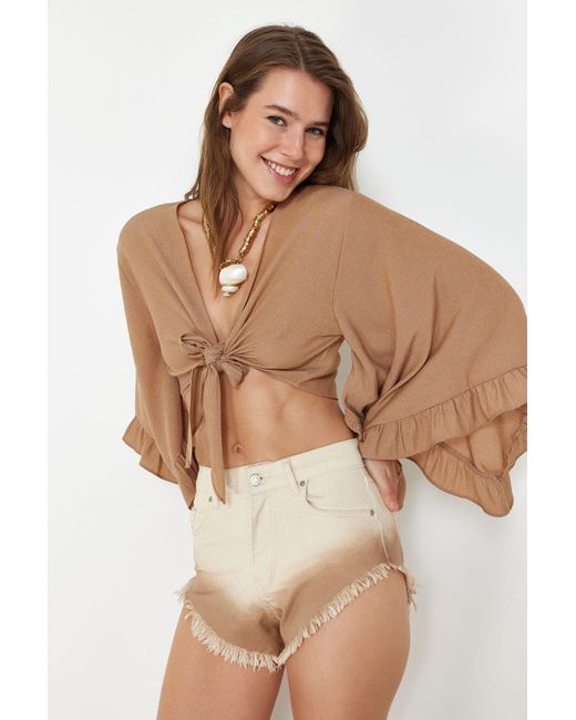 Trendyol Brown Farbener denim mit farbverlauf und muster, mit troddeln, 100 % baumwolle, shorts und bermuda