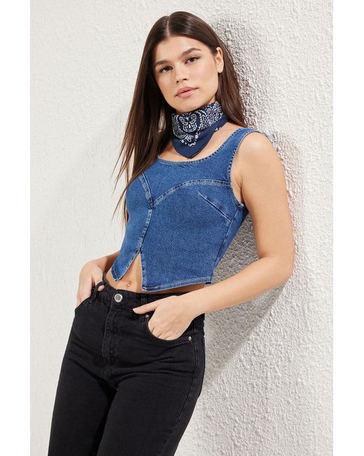 Trendyol Blue Blaue Crop-Denim-Bluse – Nahtbesetzte, Körperbetonte Für Damen