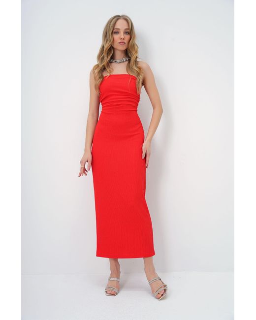 Trend Alaçatı Stili Red Rotes, Trägerloses, Seitlich Gerafftes Sommerkleid – Für Damen
