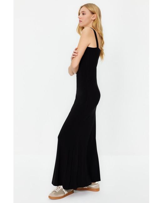 Trendyol Black Schwarzes, Figurbetontes/Figurbetontes Maxi-Bleistiftkleid Aus Flexiblem Strick Mit Dicken Trägern Für Damen