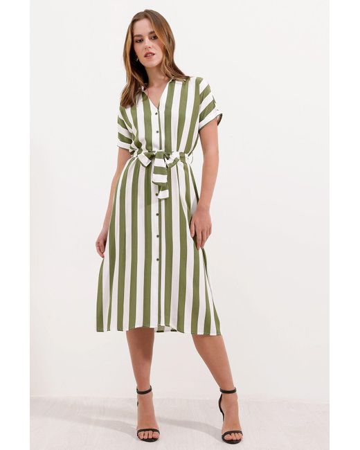Bigdart Green 2456 Gestreiftes Hemdkleid Çağla Für Damen