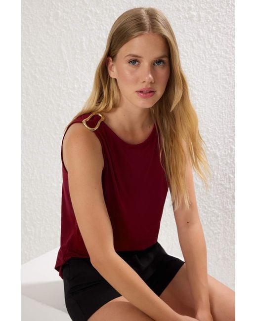 Trendyol Red Burgunderrote Accessoire-Detaillierte, Figurbetonte, Dehnbare Strickbluse Für Damen