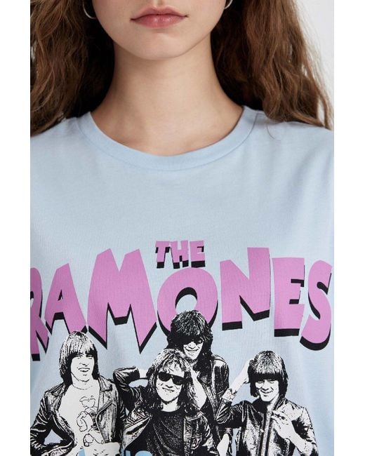 Defacto Blue Ramones Oversize Wide Fit Kurzarm-T-Shirt Mit Rundhalsausschnitt C3772Ax24Sm Für Damen