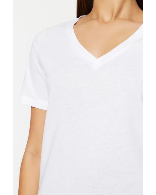 Trendyol White Weißes Gestricktes T-Shirt Aus 100 Baumwolle Mit V-Ausschnitt – Für Damen